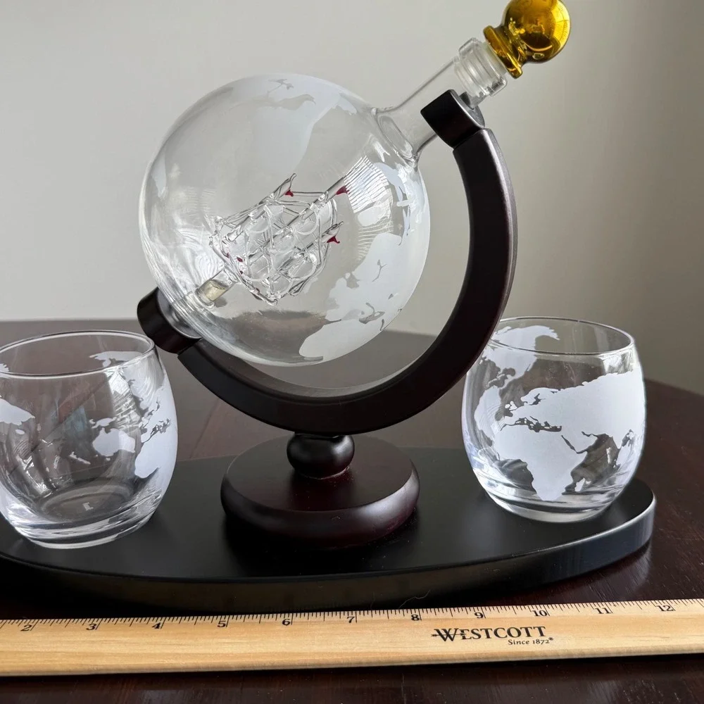 Globe Whiskey Decanter Set with Ship Inside 2‎ Etched Glasses Mahogany Base